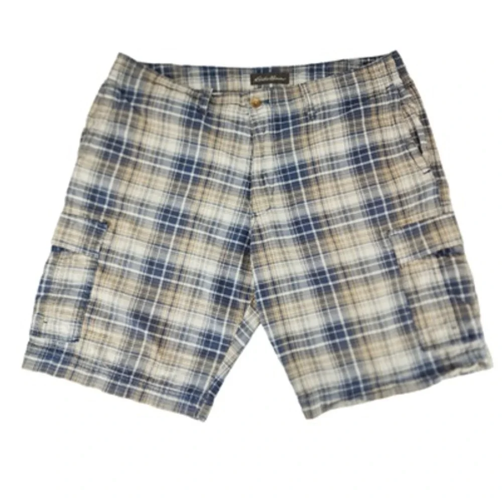 Eddie Bauer Mens Plaid Cargo Shorts‎ sz 38 Blue Cream Cotton Surfer Skater 11